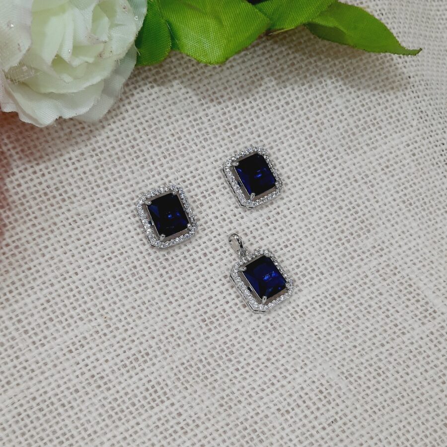 CZ American Diamond Silver Plated Pendent with Studs (Sapphire Blue)