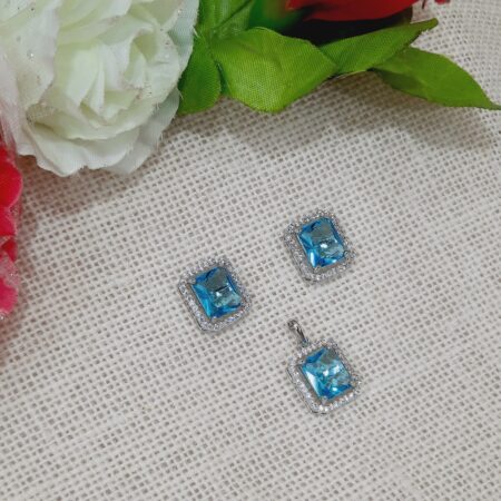 CZ American Diamond Silver Plated Pendent with Studs (Turquoise Blue)