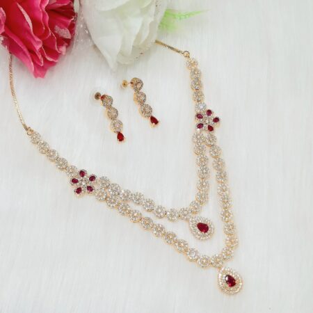 CZ American Diamond Gold Plated Necklace Earrings Set | Bridal Jewellery Set (Ruby Red)