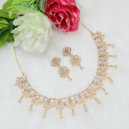 CZ American Diamond Gold Plated Necklace Set (White)