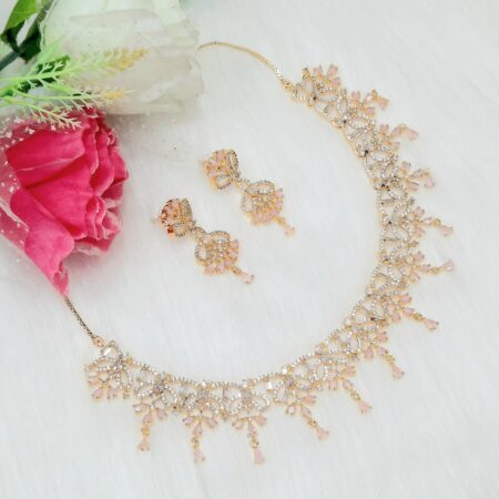 CZ American Diamond Gold Plated Necklace Set (Pastel Pink)