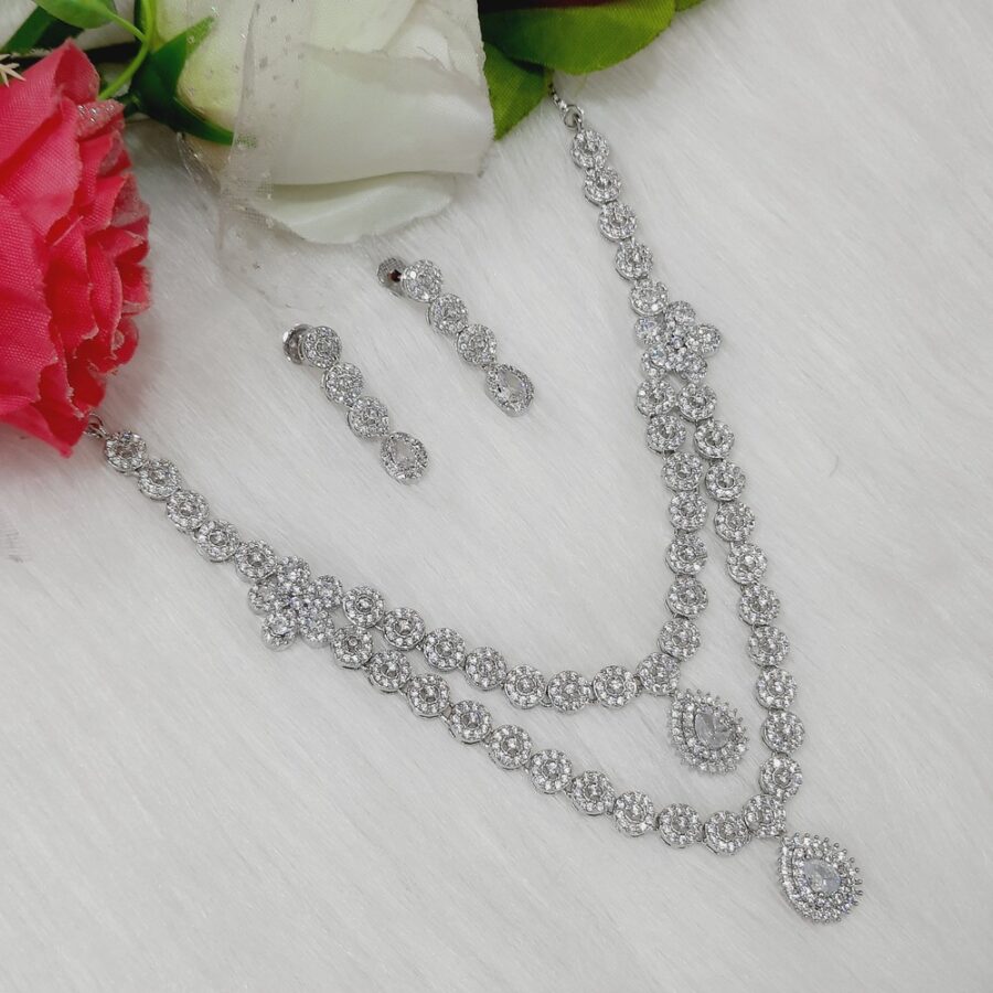 CZ American Diamond Silver Plated Necklace Earrings Set | Bridal Jewellery Set (White)