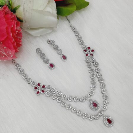 CZ American Diamond Rhodium Plated Necklace Earrings Set | Bridal Jewellery Set (Ruby Red)