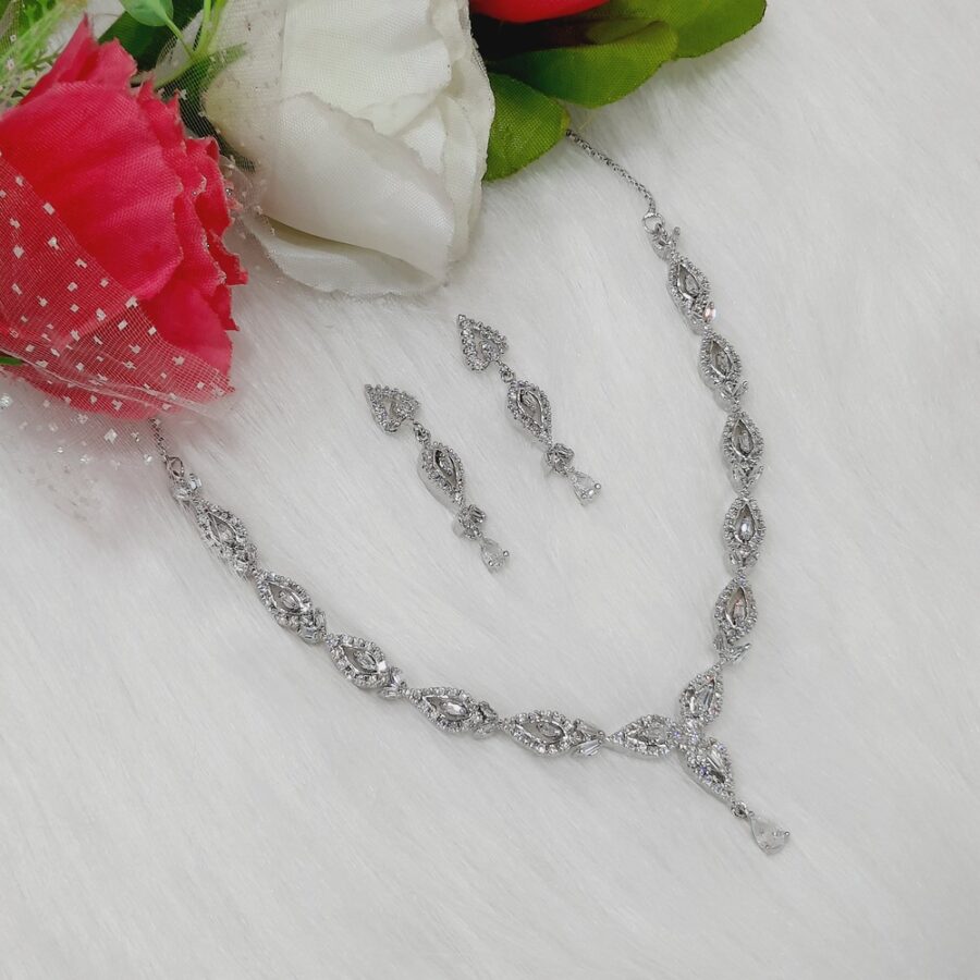 Stylish Rhodium Plated CZ American Diamond Swirl Necklace (White)
