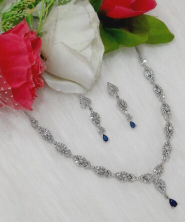 Stylish Rhodium Plated CZ American Diamond Swirl Necklace (Sapphire Blue)