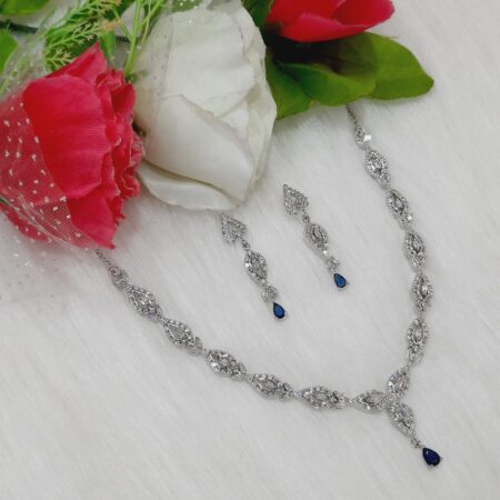 Stylish Rhodium Plated CZ American Diamond Swirl Necklace (Sapphire Blue)