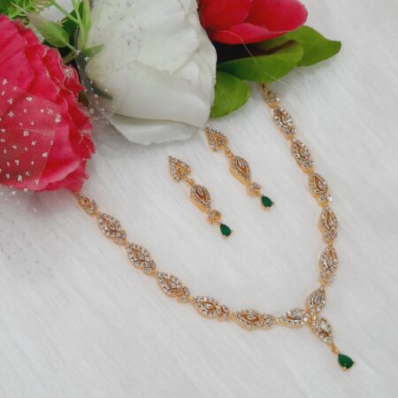 Stylish Gold Plated CZ American Diamond Swirl Necklace (Emerald Green)