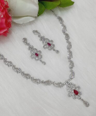 Elegent CZ American Diamond Rhodium Plated Necklace Earrings Set | Bridal Jewellery Set (Ruby Red)