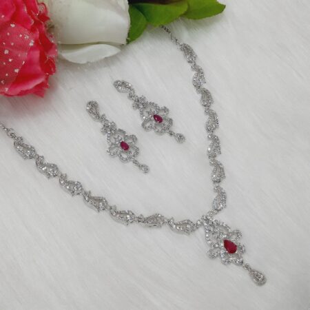 Elegent CZ American Diamond Rhodium Plated Necklace Earrings Set | Bridal Jewellery Set (Ruby Red)