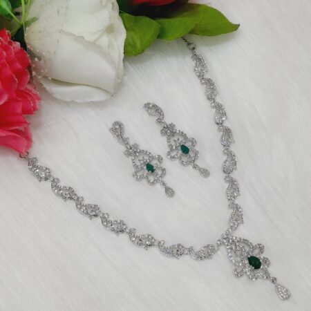Elegent CZ American Diamond Rhodium Plated Necklace Earrings Set | Bridal Jewellery Set (Emerald Green)