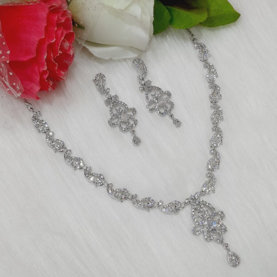 Elegent CZ American Diamond Rhodium Plated Necklace Earrings Set | Bridal Jewellery Set (White)