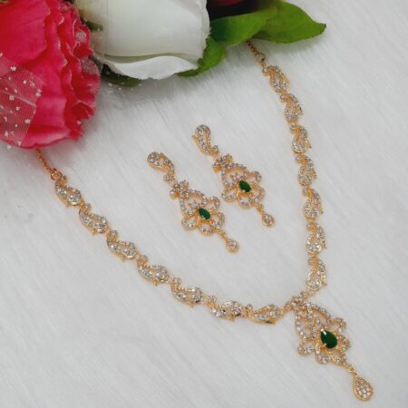 Elegent CZ American Diamond Gold Plated Necklace Earrings Set | Bridal Jewellery Set (Emerald Green)