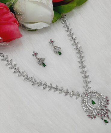 Designer CZ American Diamond Rhodium Plated Necklace Earrings Set | Bridal Jewellery Set