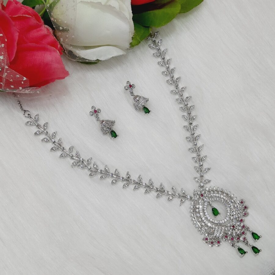 Designer CZ American Diamond Rhodium Plated Necklace Earrings Set | Bridal Jewellery Set