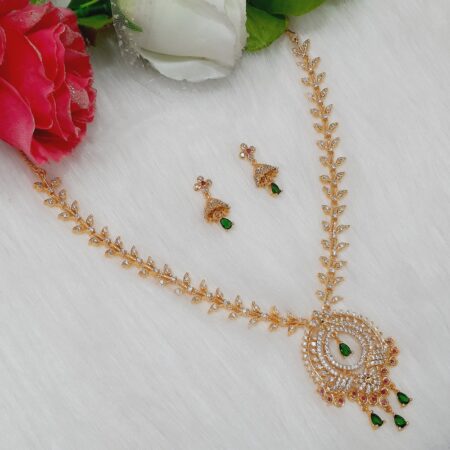 Designer CZ American Diamond Gold Plated Necklace Earrings Set | Bridal Jewellery Set