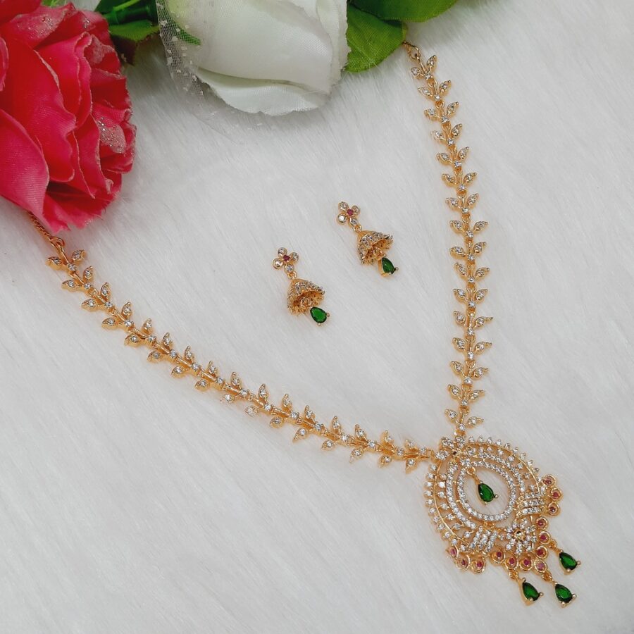 Designer CZ American Diamond Gold Plated Necklace Earrings Set | Bridal Jewellery Set
