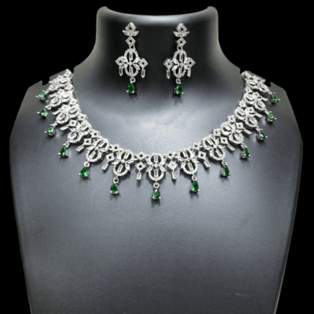 Stylish Rhodium Plated CZ American Diamond Necklace (Emerald Green)