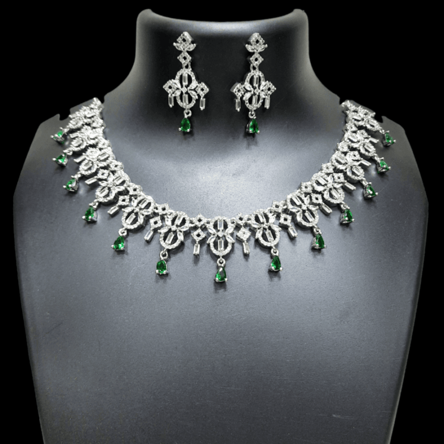 Stylish Rhodium Plated CZ American Diamond Necklace (Emerald Green)