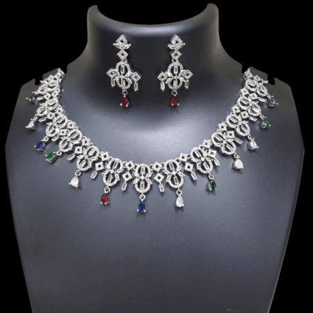 Stylish Rhodium Plated CZ American Diamond Necklace (Multi)