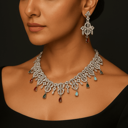 Stylish Rhodium Plated CZ American Diamond Necklace