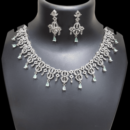 Stylish Rhodium Plated CZ American Diamond Necklace (Pastel Green)