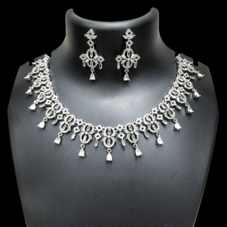 Stylish Rhodium Plated CZ American Diamond Necklace (Pastel Pink)