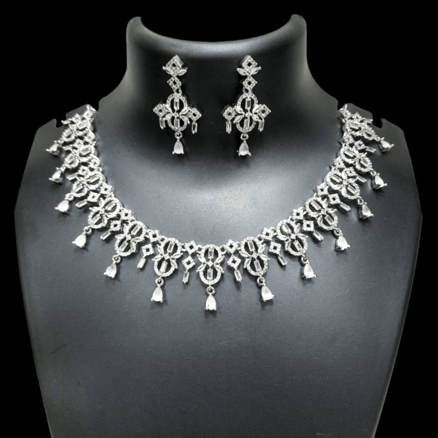 Stylish Rhodium Plated CZ American Diamond Necklace (Pastel Pink)