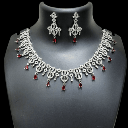 Stylish Rhodium Plated CZ American Diamond Necklace (Ruby Red)