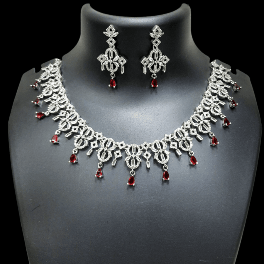 Stylish Rhodium Plated CZ American Diamond Necklace (Ruby Red)