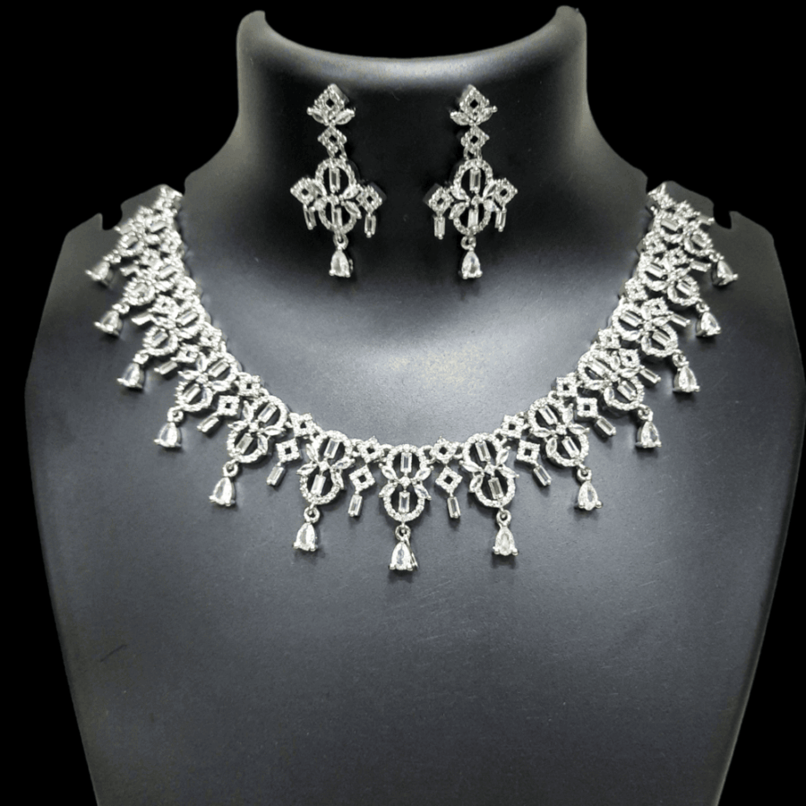 Stylish Rhodium Plated CZ American Diamond Necklace (White)