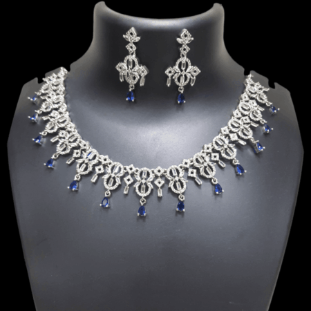 Stylish Rhodium Plated CZ American Diamond Necklace (Sapphire Blue)