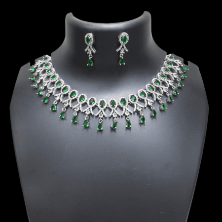 Stylish Party Wear Rhodium Plated CZ American Diamond Necklace (Emerald Green)