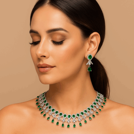 Stylish Party Wear Rhodium Plated CZ American Diamond Necklace (Emerald Green)