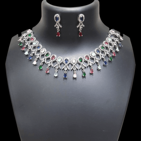 Stylish Party Wear Rhodium Plated CZ American Diamond Necklace (Multi)