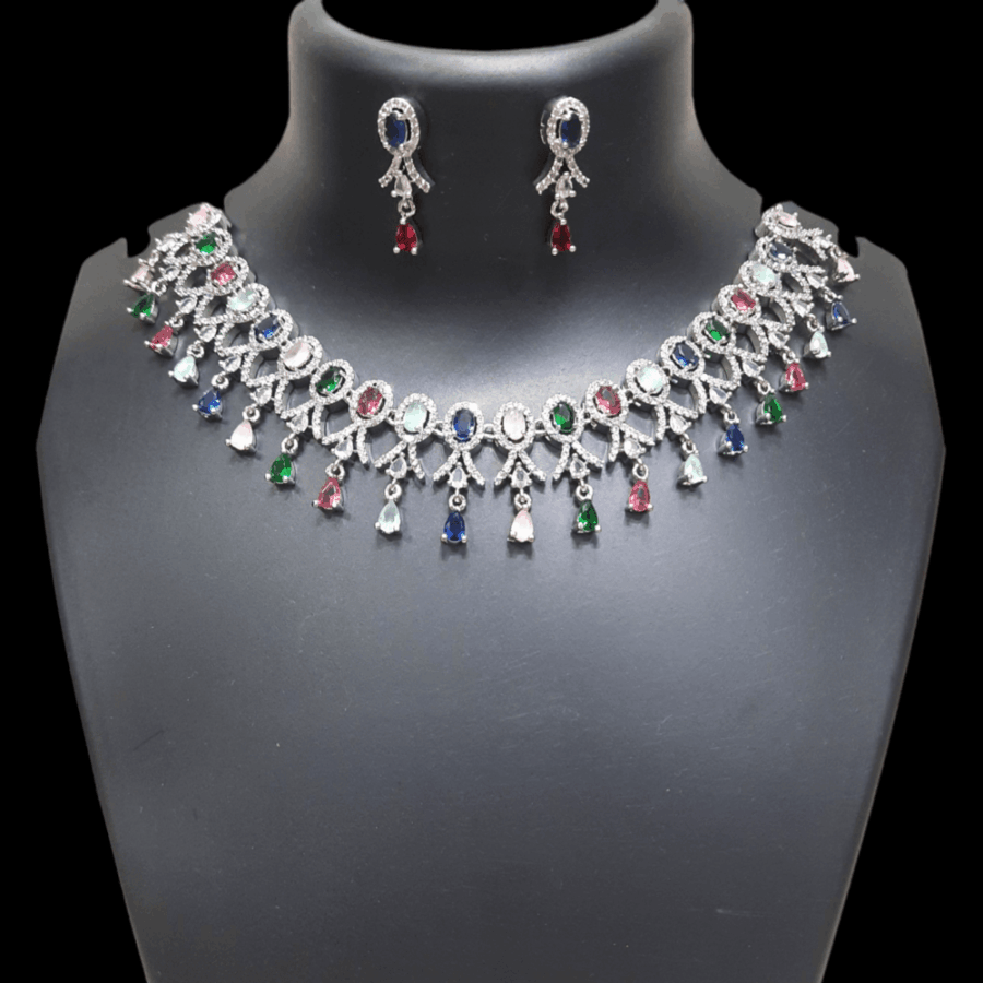 Stylish Party Wear Rhodium Plated CZ American Diamond Necklace (Multi)