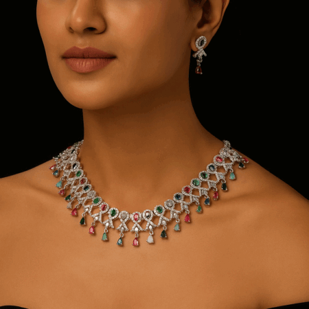 Stylish Party Wear Rhodium Plated CZ American Diamond Necklace (Multi)