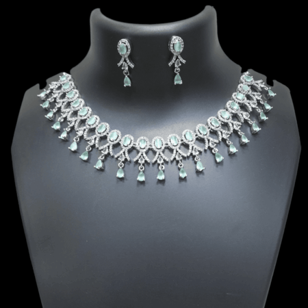 Stylish Party Wear Rhodium Plated CZ American Diamond Necklace (Pastel Green)