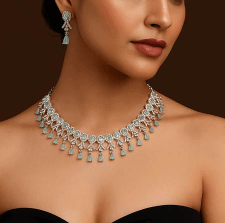 Stylish Party Wear Rhodium Plated CZ American Diamond Necklace (Pastel Green)
