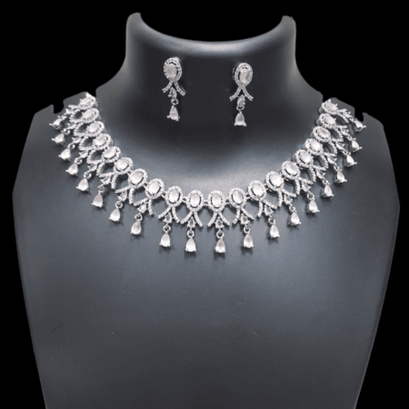 Stylish Party Wear Rhodium Plated CZ American Diamond Necklace (Pastel Pink)