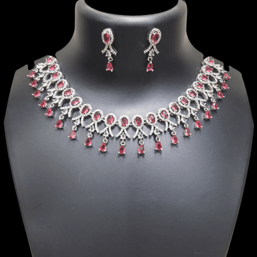 Stylish Party Wear Rhodium Plated CZ American Diamond Necklace (Ruby Red)