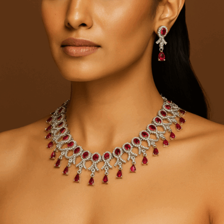 Stylish Party Wear Rhodium Plated CZ American Diamond Necklace (Ruby Red)