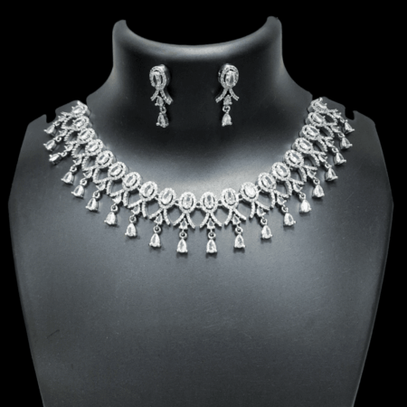 Stylish Party Wear Rhodium Plated CZ American Diamond Necklace (White)