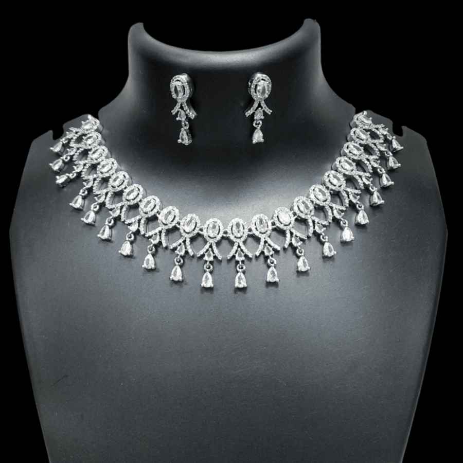 Stylish Party Wear Rhodium Plated CZ American Diamond Necklace (White)