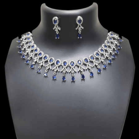 Stylish Party Wear Rhodium Plated CZ American Diamond Necklace (Sapphire Blue)
