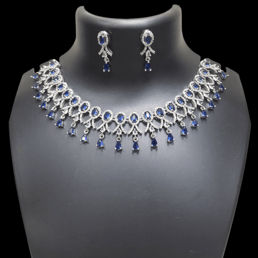 Stylish Party Wear Rhodium Plated CZ American Diamond Necklace (Sapphire Blue)