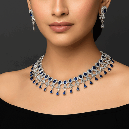 Stylish Party Wear Rhodium Plated CZ American Diamond Necklace (Sapphire Blue)
