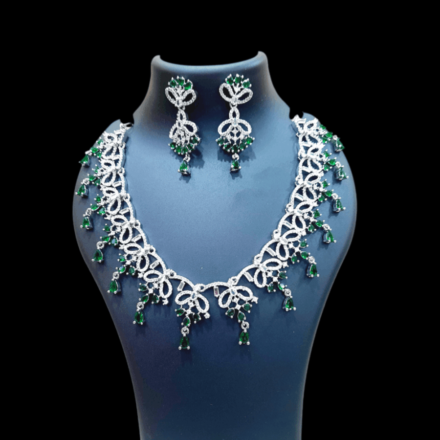 CZ American Diamond Gold Plated Necklace Set (Emerald Green)