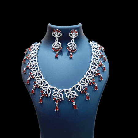 CZ American Diamond Gold Plated Necklace Set (Ruby Red)