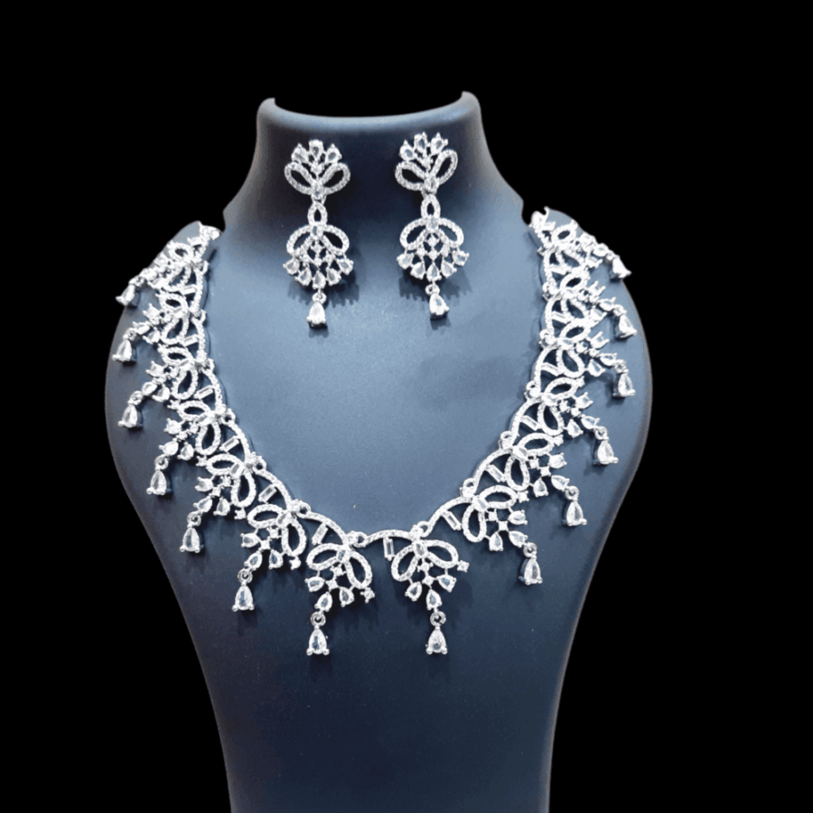 CZ American Diamond Gold Plated Necklace Set (White)