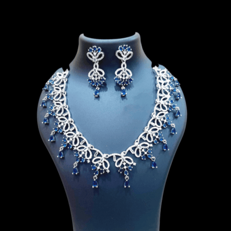 CZ American Diamond Gold Plated Necklace Set (Sapphire Blue)